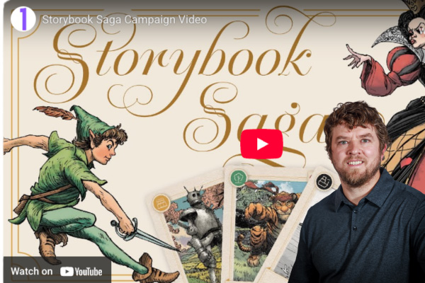Dr. Justin Schroeder on the right over an image of the YouTube video about his game Storybook Saga.
